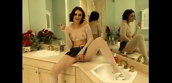  Cute darkhaired hottie Naudia Nyce in white fishnet outfit likes to give some head one fellow while other one bowls from the Pavilion end